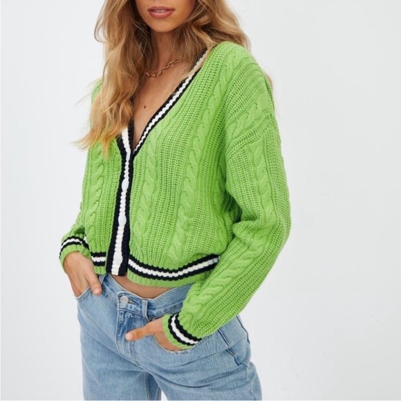 FashionNova Bright Green Button Down Cable Knit Cardigan Sweater Sz S - Picture 2 of 5